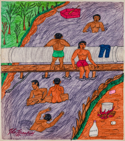 Willard Watson, aka &quot;The Texas Kid&quot; (1921&ndash;1955), &quot;Swimming at the Pipe,&quot; 1981. Colored marker and pencil on board, 15 x 13 1/4 in.