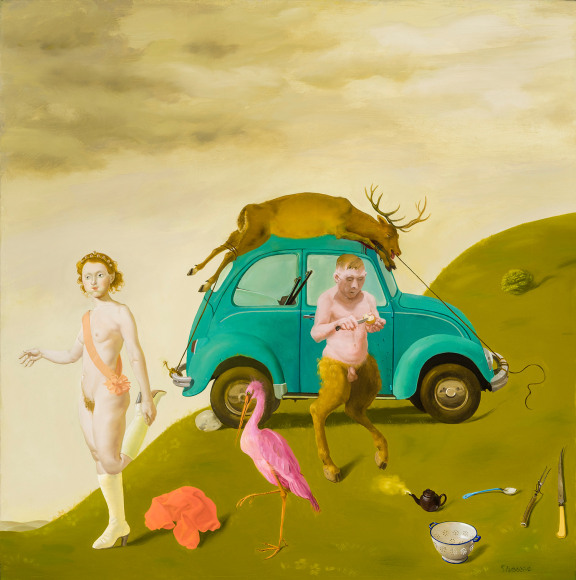 Afternoon of a Satyr, 1989.  Oil on canvas, 20 x 19 7/8 in.   Signed (at lower right): Sharrer.
