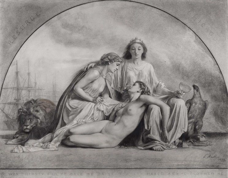 Image of Edward Armitage's In Memory of the Great Fire at Chicago (Cartoon for the Mural Lunette in the Chicago City Hall), Charcoal on paper, 41 1/4 x 54 inches, drawn in 1872