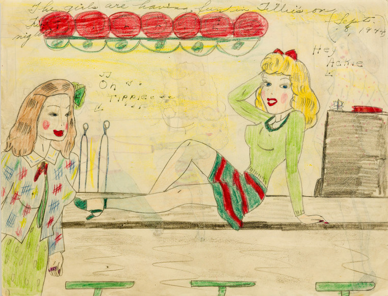 a drawing by self-taught artist Mary P. Corbett of two of her &quot;The Catville Kids&quot; at the Malt Shop, with one young woman posed on the countertop