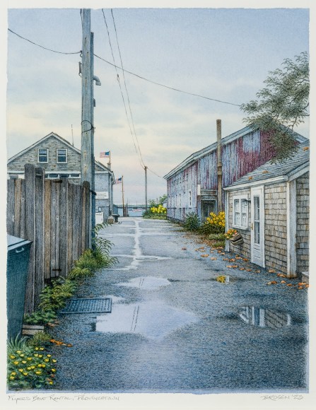 Frederick Brosen (b. 1954), "Flyer's Boat Rental, Provincetown," 2023. Watercolor over graphite on paper, 14 1/8 x 11 1/8 in.