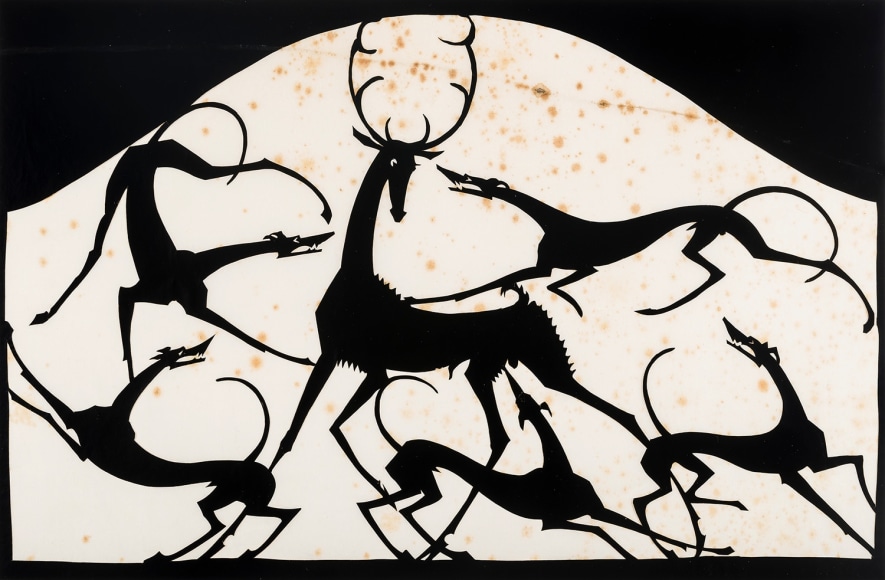 HUNT DIEDERICH (1884–1953). Stag with Five Hounds. Paper cutout, 10 x 15 1/8 in. (sight)