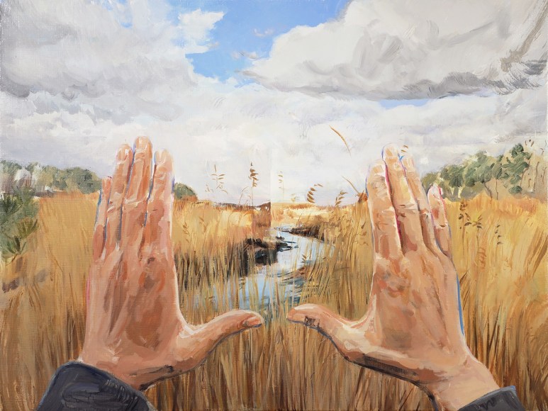 a painting by James Everett Stanley of a two hands framing a marshy landscape