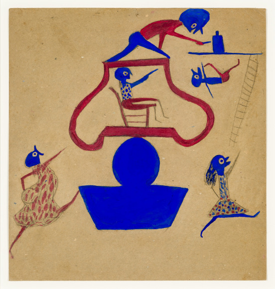 Bill Traylor (1854&ndash;1949), &quot;Exciting Event / Red and Blue Form,&quot; c. 1939&ndash;42. Poster paint and pencil on cardboard, 14 1/4 x 13 1/2 in.