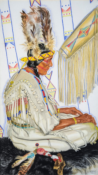 WINOLD REISS (1886–1953), "Separated Spear Woman in Snake Headdress," 1936. Mixed media on board, 52 3/8 x 30 in.