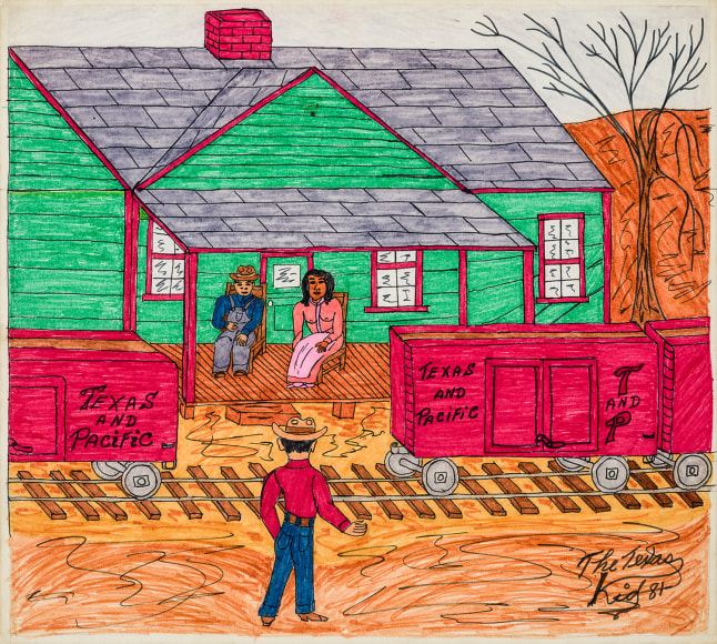 Willard Watson, aka &quot;The Texas Kid&quot; (1921&ndash;1955), &quot;Texas Kid Catches his Father with Girlfriend, Miss Mae,&quot; 1981. Colored marker and pencil on board, 13 1/4 x 15 in.