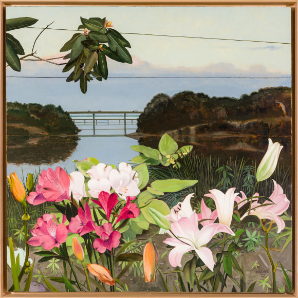 John Moore (b. 1941), &quot;Two Bridges,&quot;&nbsp;2022. Oil on canvas, 46 x 46 in.