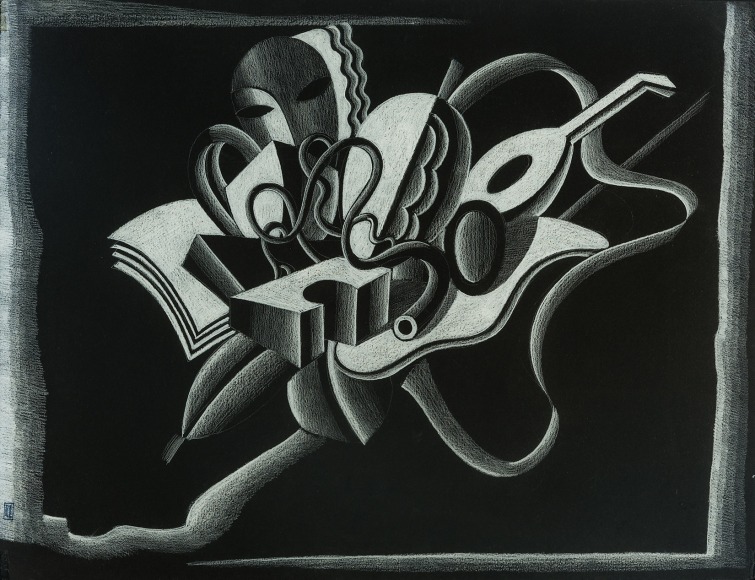 WINOLD REISS (1886–1953), "Abstract Still Life with Lute." Pastel on black paper, 25 x19 in.