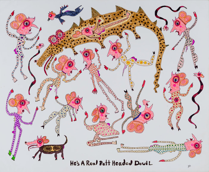 a drawing by self-taught artist Jeanne Brousseau of multiple women with fantastical beasts