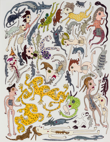a densely-packed, fantastical drawing of naked figures and wild animals by self-taught artist Jeanne Brousseau