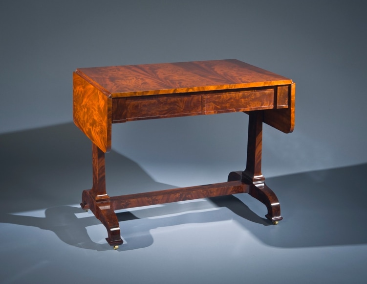 Sofa Table, later 1830s. Attributed to D[uncan] Phyfe and Sons (active 1837&ndash;40), New York. Mahogany, with gilt brass castors, 29 7/8 in. high, 24 in. wide, 36 3/4 in. long; 56 1/8 in. long (with both leaves extended). With leaves dropped.