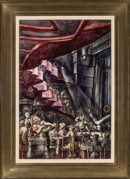 REGINALD MARSH (1898&ndash;1954), Cabaret, 1938. Tempera and pencil on gessoed panel, 35 3/4 x 23 3/4 in., framed.