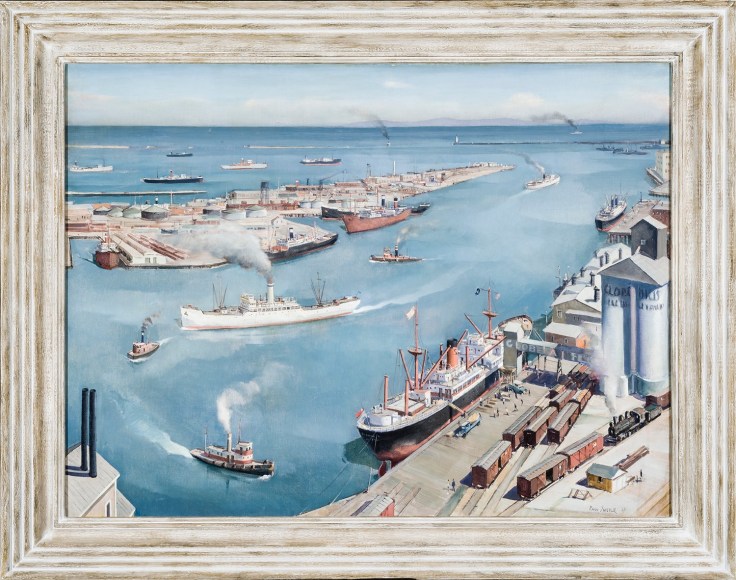 PAUL SAMPLE (1896–1974), San Pedro Harbor, 1937. Oil on canvas, 30 x 40 in. With original painted wood frame.