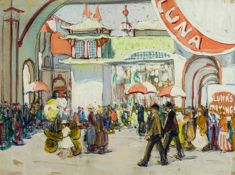 Image of Jane Peterson's Luna Park, charcoal and gouache on paper, 18 by 24 inches, painted about 1918.