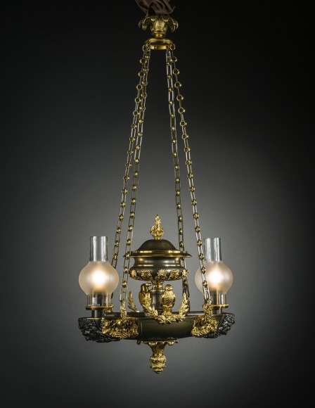 Two-Light Argand Chandelier with Birds, about 1820&ndash;25