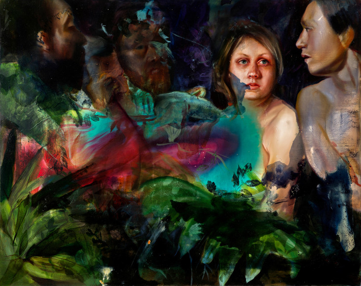 a painting by Angela Fraleigh of women from various art historical sources in a complex tangle of abstract color and plants