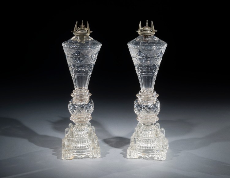 Pair Clear Blown and Cut Whale Oil Lamps, about 1830–35, Attributed to Boston & Sandwich Glass Company, Sandwich, Massachusetts (active 1825–88)