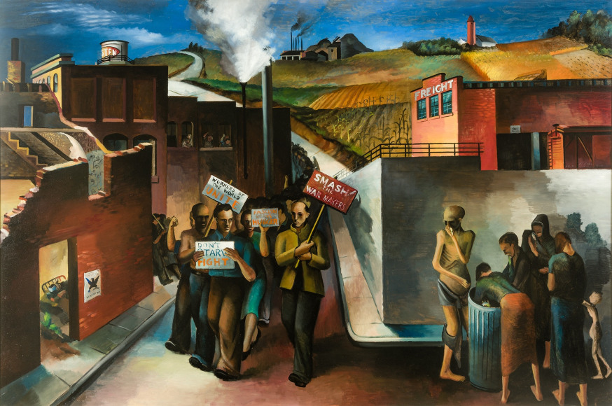JOSEPH &ldquo;JOE&rdquo; JONES (1909&ndash;1963), &quot;Demonstration,&quot;&nbsp;1934. Oil on Masonite, 48 1/8 x 72 1/8 in.