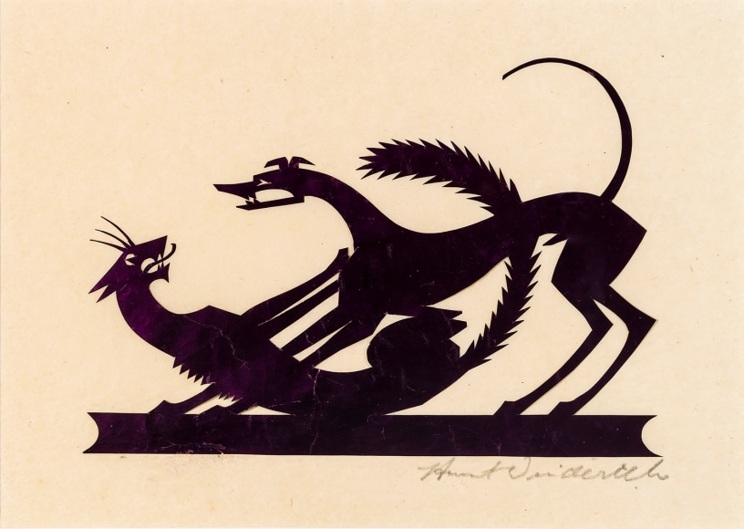 Image of Wilhelm Hunt Diederich's Fighting Cat and Dog, coated black paper cutout, 4 3/4 x 6 3/4 inches