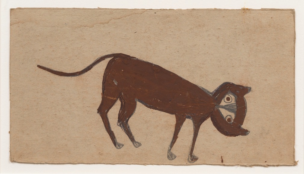 BILL TRAYLOR (1854&ndash;1949), &quot;Brown Cat with White Face,&quot; c. 1939&ndash;42  Pencil and poster paint on cardboard, 7 1/2 x 13 1/2 in.