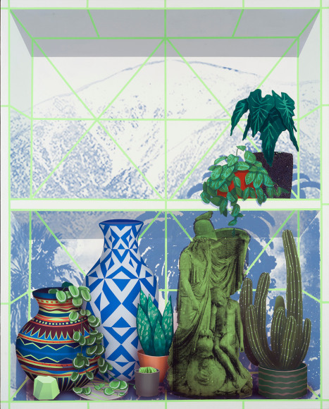 a painting by Robert Minervini of flatly-painted vases, sculpture and cactii on an abstract shelf