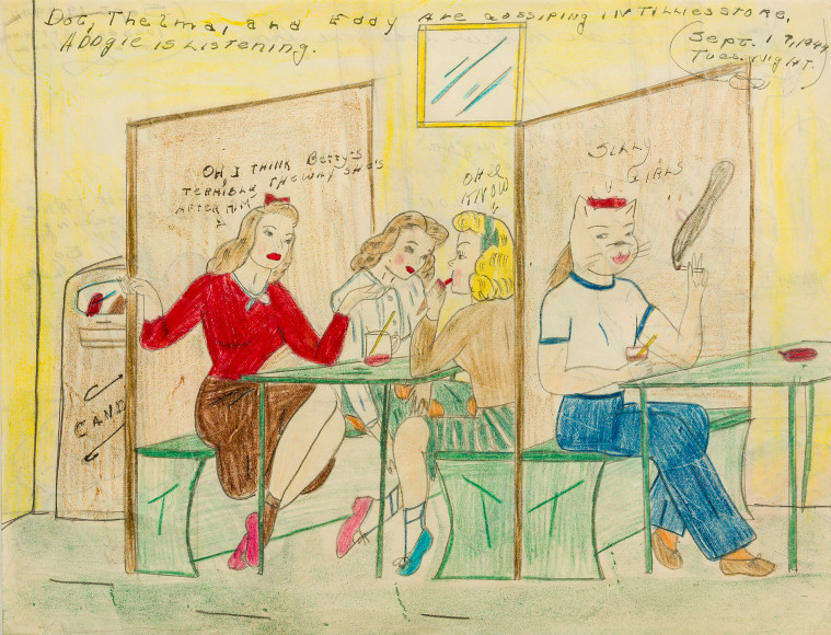 a drawing by self-taught artist Mary P. Corbett of her &quot;The Catville Kids&quot; gossiping in the Malt Shop while a cat-faced girl overhears them