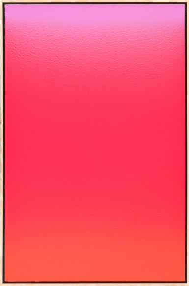 a colorfield painting by Stanley Twardowicz done with an airbrush showing a luminous band of lilac blending into a large dominant field of red