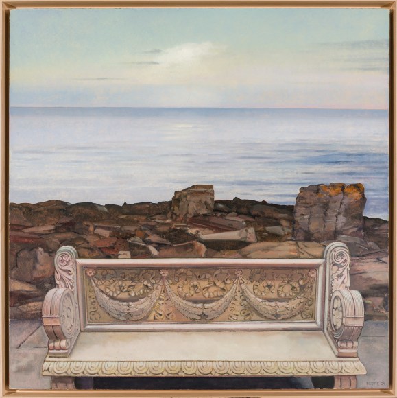 John Moore (b. 1941), &quot;Bench by the Sea,&quot; 2024. Oil on canvas, 46 x 46 in.