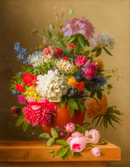 ARNOLDUS BLOEMERS (1792–1844), Still Life of Peonies, Roses, Honeysuckle, Poppies, and other Flowers.  Oil on canvas, 30 x 24 in.