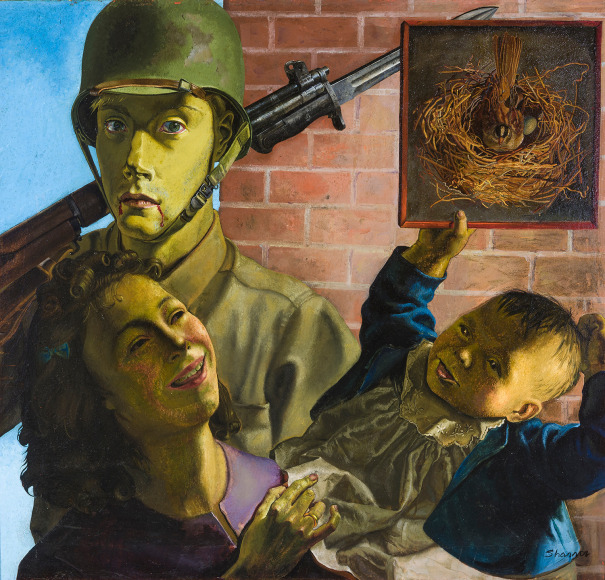 HONOR&Eacute; SHARRER (1920&ndash;1999), &quot;Soldier, Wife, and Child,&quot;&nbsp;1949&ndash;51. Oil on Masonite, 26 1/8 x 27 1/4 in.