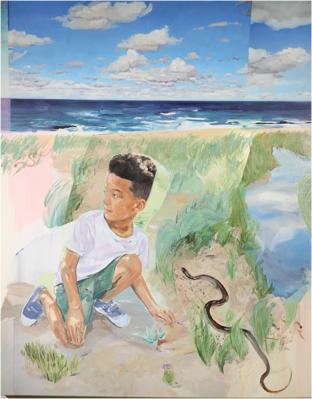 a painting by James Everett Stanley of a dark-skinned boy playing near a snake in fractured landscape of grass, marshland and sea