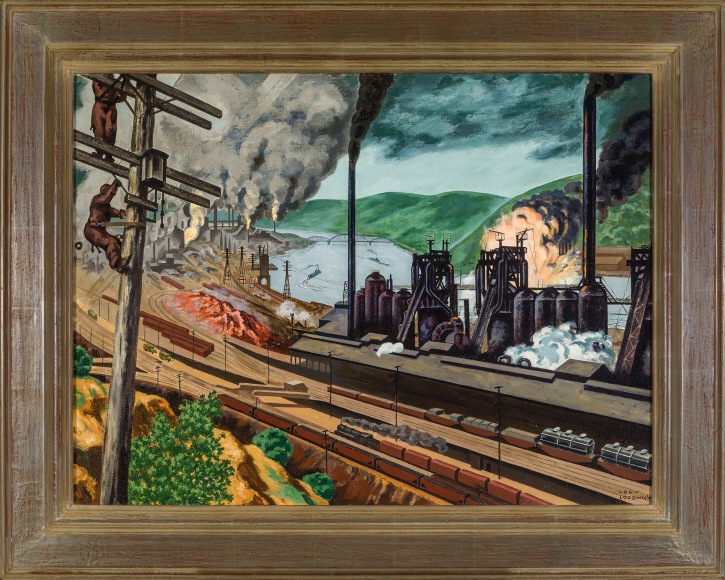 LOUIS LOZOWICK (1892&ndash;1973), &quot;Steel Valley,&quot; 1942. Oil on canvas, 18x 24 in. Showing gilded Modernist frame.