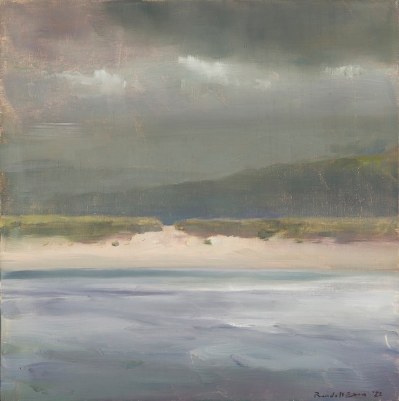 a painting by Randall Exon of a white sand beach in Ireland, as gray clouds roll overhead