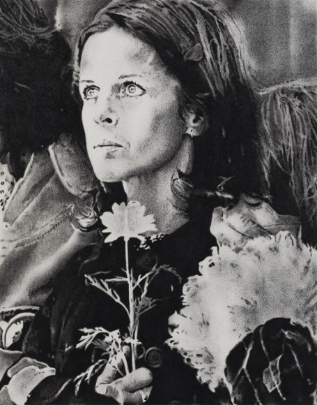 a drawing by Andy Mister of a woman holding a flower