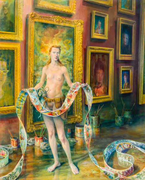 Julie Heffernan (b. 1956), &quot;Self-Portrait with Eruption,&quot; 2018&ndash;23. Oil on canvas, 68 x 55 in.