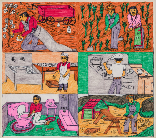 Willard Watson, aka &quot;The Texas Kid&quot; (1921&ndash;1955), &quot;Jobs I Did When I Was Young,&quot; 1981. Colored marker and pencil on board, 13 1/4 x 15 in.