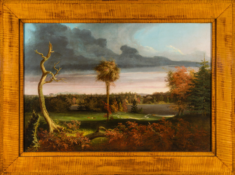 THOMAS COLE (1801–1848), "View of Featherstonhaugh Estate Near Duanesburg, New York," 1826. Oil on canvas, 34 x 48 in. Showing original striped maple frame.