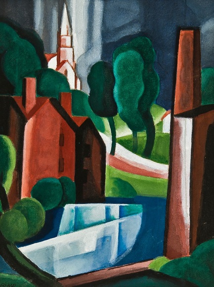 OSCAR FLORIANUS BLUEMNER (1867–1938), "New Hampshire Town," 1931. Watercolor and gouache on paperboard, 11 1/2 x 8 3/4 in.