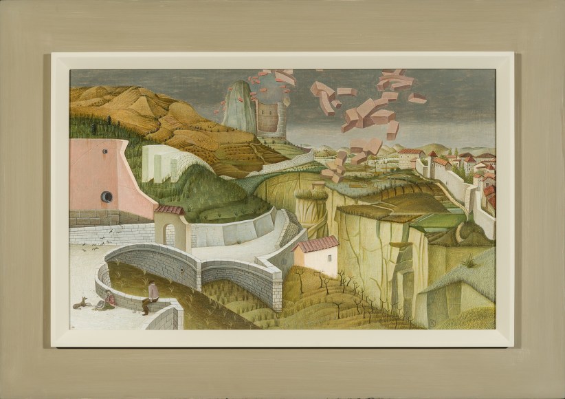 JULES KIRSCHENBAUM (1930–2000), "Destruction of Babel," 1956. Tempera on canvas on Masonite, 15 x 24 in. Showing painted American Modernist style frame.