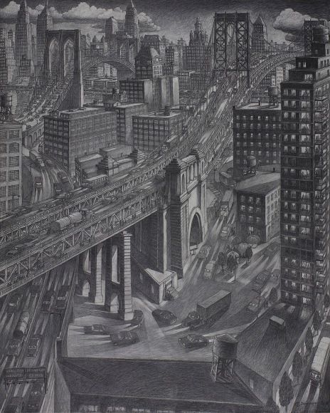 DUMBO, 2014, Charcoal on paper, mounted on board, 60 x 48 in. 