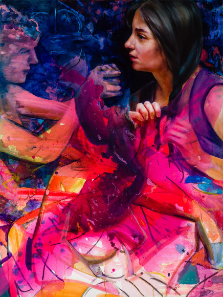 a painting by Angela Fraleigh of a woman lifted from art historical sources reading within a complex and hallucinatory patterned background