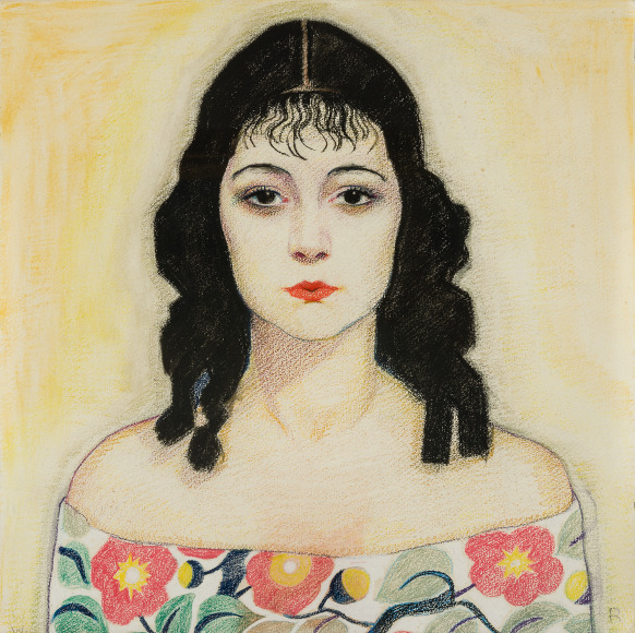 WINOLD REISS (1886–1953), "Girl with Black Curls." Mixed media on watercolor paper, 17 7/8 x 18 in.