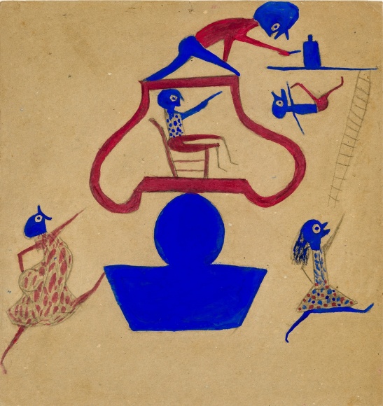 Bill Traylor (1854-1949), Exciting Event/ Blue and Red Form (Man Stealing Liquor), Poster paint and pencil on cardboard, 14 1/4 x 13 1/2 in.