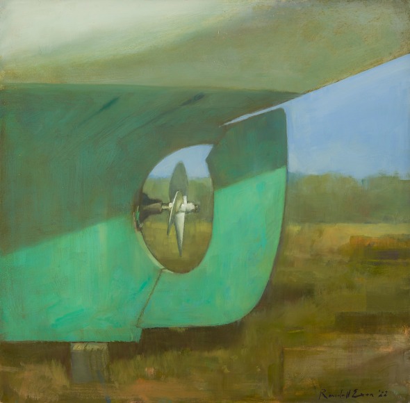 a painting by Randall Exon of a boat's teal rudder, up on jacks, sitting in a field