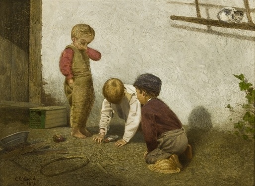 CHARLES CALEB WARD (1831&ndash;1896)  His Only Pet  Oil on board, 5 5/8 x 7 7/8 in.