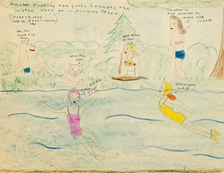 a drawing by self-taught artist Mary P. Corbett of her &quot;The Catville Kids&quot; swimming at the lake