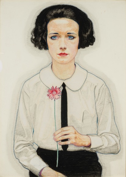 WINOLD REISS (1886–1953), "Young Woman Holding Flowers," about 1927. Mixed media on board, 30 x 21 3/4 in.