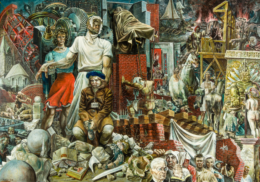 SIEGFRIED GERHARD REINHARDT (1925&ndash;1984), &quot;Allegory,&quot; 1948&ndash;49. Oil on Masonite, 32 x 47 in.