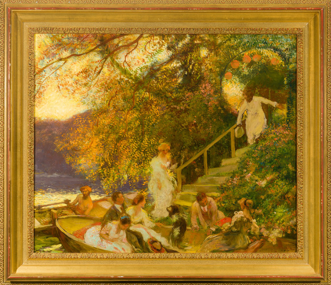 GASTON LA TOUCHE (1854&ndash;1913), &quot;L&rsquo;embarquement (The Embarkation).&quot; Oil on wood panel, 26 1/2 x 31 3/4 in. Showing gilded Louis XV style frame.