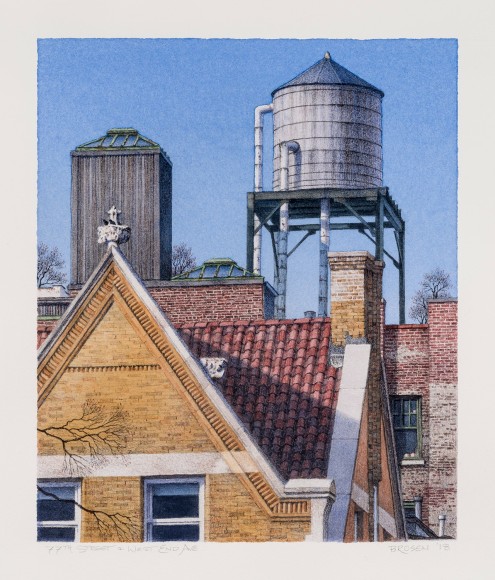 Image of Frederick Brosen's "77th Street and West End Avenue, watercolor over graphite on paper, 10 1/2 by 8 7/8 inches. Painted in 2018.